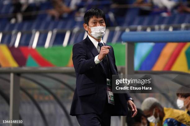 Head coach Hajime Moriyasu of Japan is seen prior to the FIFA World Cup Asian qualifier final round Group B match between Japan and Australia at...