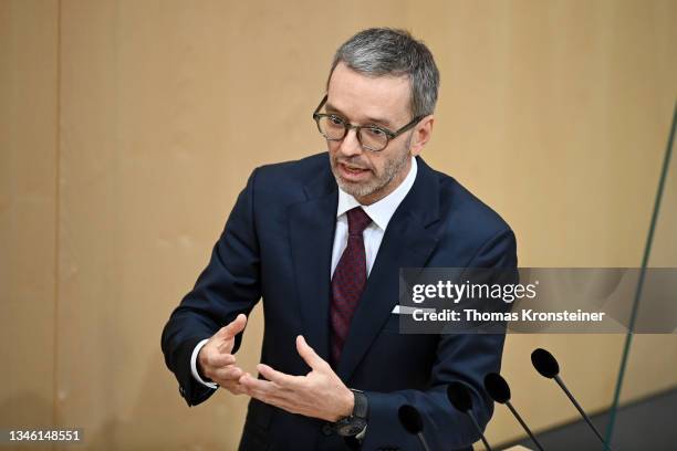 Head of the far-right Austrian Freedom Party Herbert Kickl speaks during a special session of the Nationalrat, the Austrian parliament, after...