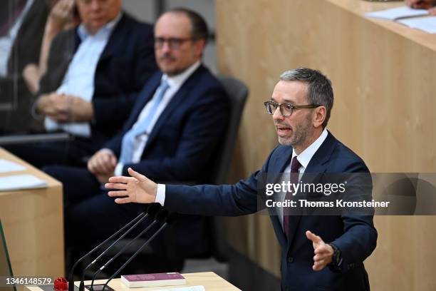 Head of the far-right Austrian Freedom Party Herbert Kickl speaks during a special session of the Nationalrat, the Austrian parliament, after...