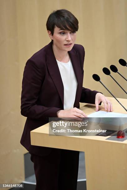 Party whip of the Austrian Green Party Sigrid Maurer speaks during a special session of the Nationalrat, the Austrian parliament, after allegations...