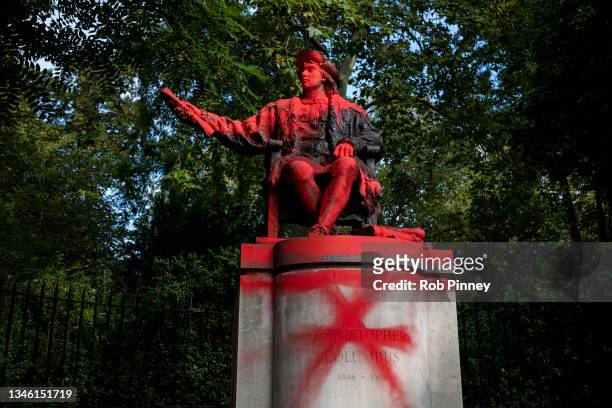 Red paint covers a statue of Christopher Columbus in Belgrave Square Gardens on October 12, 2021 in London, England. The defacing of the statue...