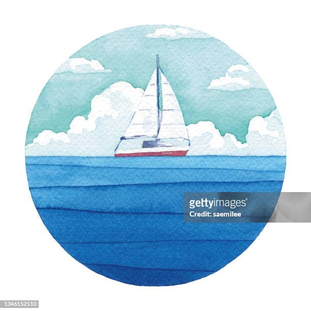 水彩ヨット アット ザ ブルー シー - セールボート点のイラスト素材／クリップアート素材／マンガ素材／アイコン素材