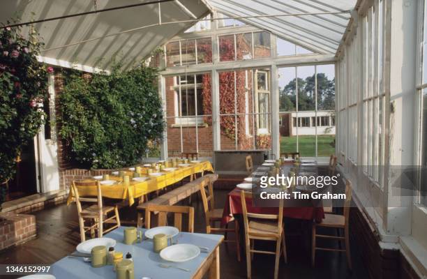 Interior view of the dining hall at Ludgrove School, an independent preparatory boarding school in Wokingham, Berkshire, England, 18th November 1989....