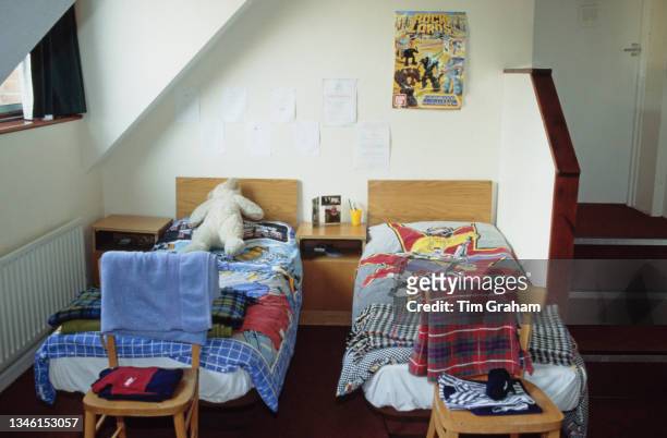 Interior view of a dormitory at Ludgrove School, an independent preparatory boarding school in Wokingham, Berkshire, England, 18th November 1989....