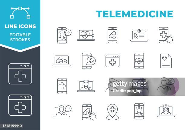 telemedizin und digital healthcare - line icons. bearbeitbarer kontur. vektor-stock-illustration - telemedizin stock-grafiken, -clipart, -cartoons und -symbole