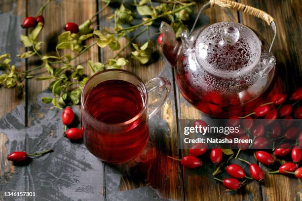 rose hip berries herbal tea in glass teapot - czech republic autumn stock pictures, royalty-free photos & images