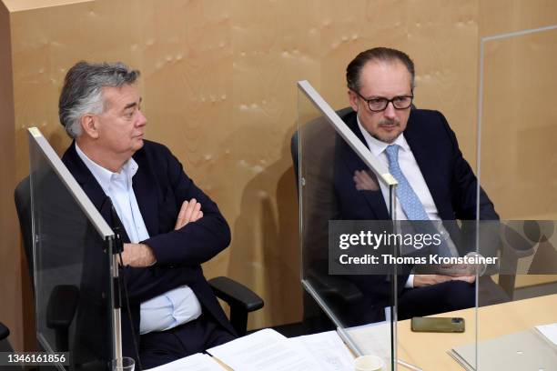Vice-Chancellor Werner Kogler and newly appointed Austrian chancellor Alexander Schallenberg watch the votes for several no-confidence motions during...