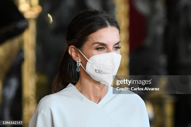 Queen Letizia of Spain attends a reception during the National Day at the Royal Palace on October 12, 2021 in Madrid, Spain.