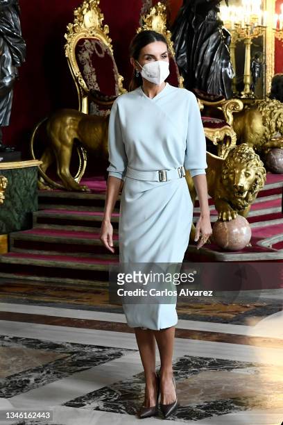 Queen Letizia of Spain attends a reception during the National Day at the Royal Palace on October 12, 2021 in Madrid, Spain.