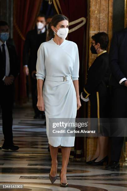 Queen Letizia of Spain attends a reception during the National Day at the Royal Palace on October 12, 2021 in Madrid, Spain.