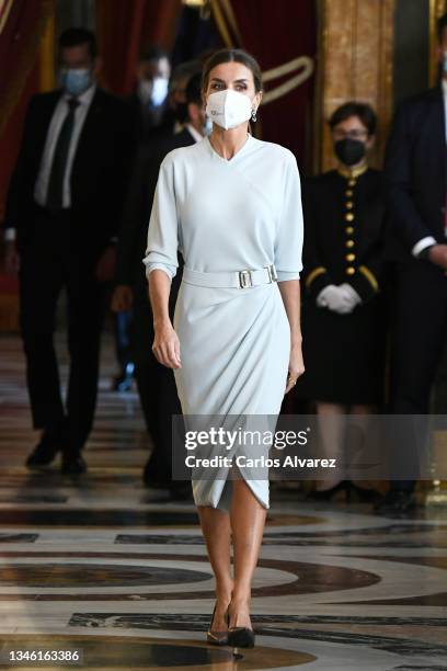 Queen Letizia of Spain attends a reception during the National Day at the Royal Palace on October 12, 2021 in Madrid, Spain.