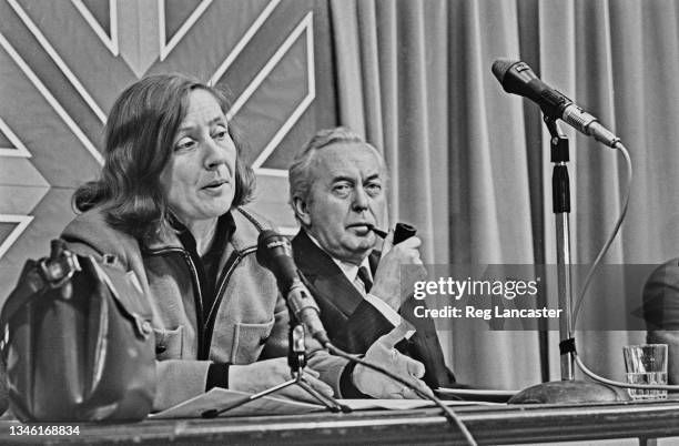 British Labour politicians Shirley Williams and Harold Wilson hold a party press conference during the General Election, UK, February 1974.