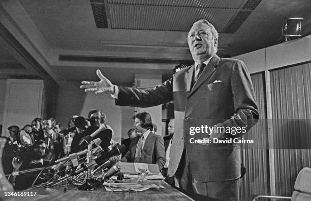 British Conservative Prime Minister Edward Heath holds a press conference during the General Election, UK, 11th February 1974.