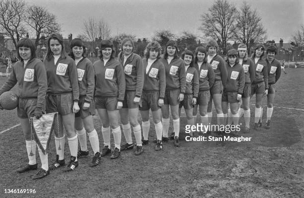 Members of the England women's national football team during a match against Wales, UK, 17th March 1974.