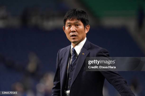 Head coach Hajime Moriyasu of Japan is seen after the FIFA World Cup Asian qualifier final round Group B match between Japan and Australia at Saitama...