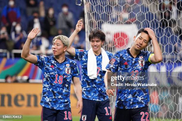 Takuma Asano, Ao Tanaka and Maya Yoshida of Japan applaud fans after their 2-1 victory in the FIFA World Cup Asian qualifier final round Group B...