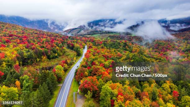 aerial view of road amidst trees during autumn,vermont,united states,usa - autumn leaf color stock-fotos und bilder
