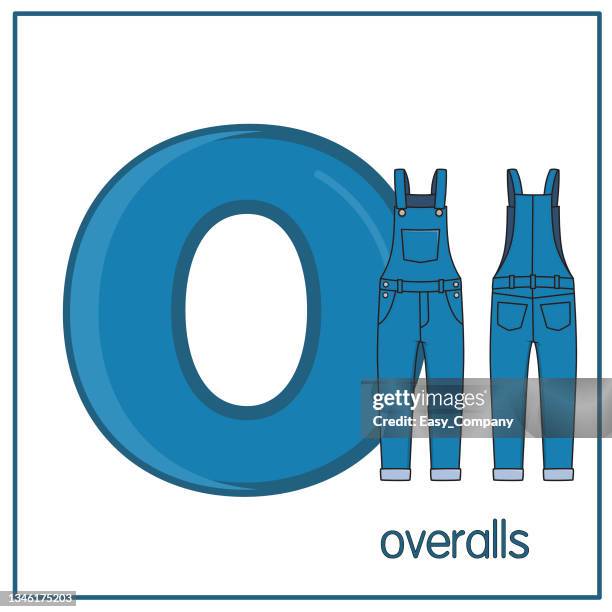 vector illustration of overalls with alphabet letter o lower case for children learning practice abc - wardrobe malfunction stock illustrations