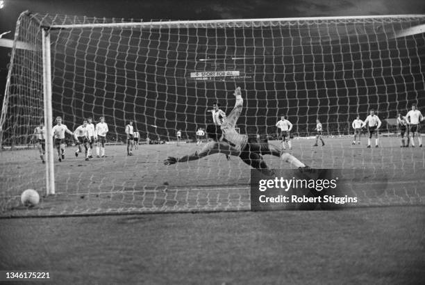 England goalkeeper Peter Shilton is unable to save the second goal by Argentina during an International Friendly Match at Wembley Stadium in London,...