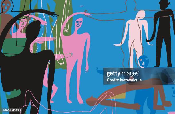 group of people practising reiki - self healing through exercise - pilates group stock illustrations