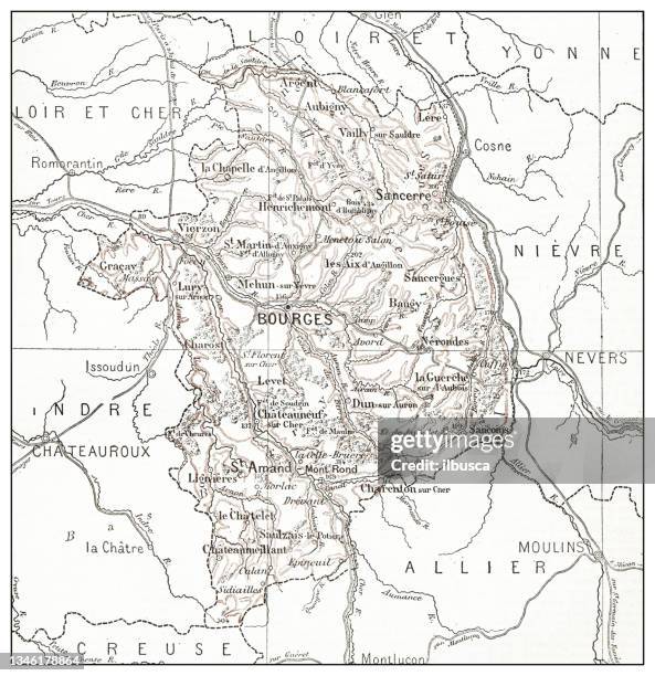 antique french map of cher (d矇partement) - cher river stock illustrations