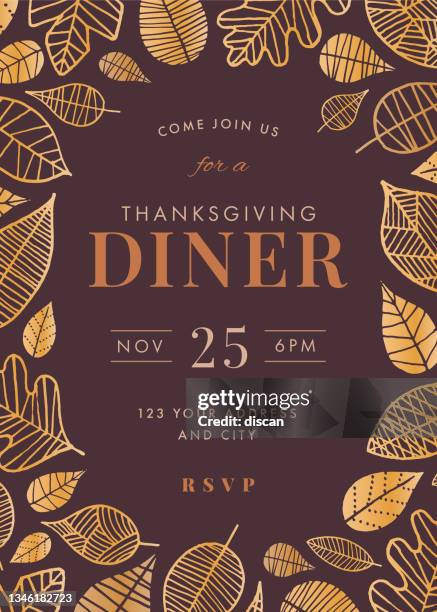 ilustraciones, imágenes clip art, dibujos animados e iconos de stock de plantilla de invitación a la cena de acción de gracias. - thanksgiving holiday