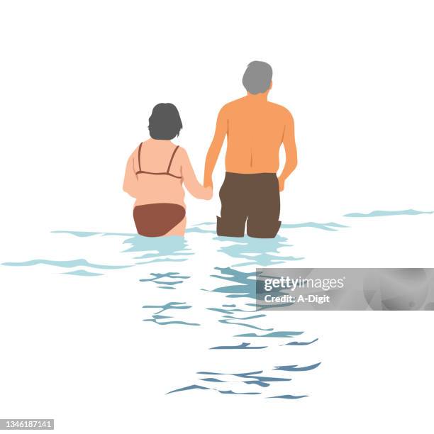 elderly couple lake swim brown - couple swimming lake stock illustrations