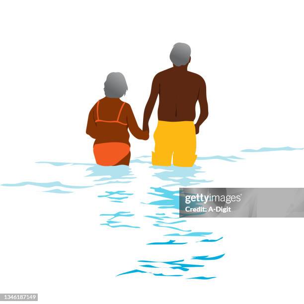 elderly couple lake swim yellow - couple swimming lake stock illustrations
