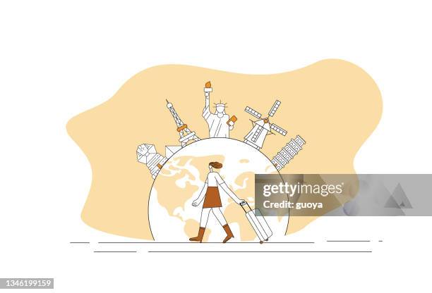 woman travels all over the world. - world tourism stock illustrations