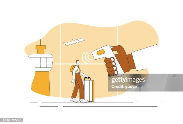 white-collar men take their temperature at the airport. - temperature scan stock illustrations