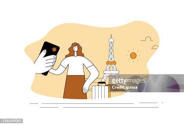 female white-collar workers take a selfie of the eiffel tower in paris with their mobile phones. - photocall paris fashion week womenswear spring summer 2018 stock illustrations