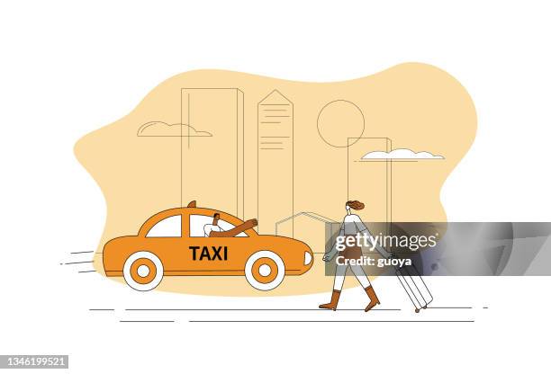 stockillustraties, clipart, cartoons en iconen met woman traveling with suitcase calling for taxi. - yellow taxi
