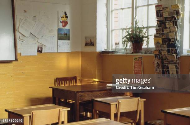 Interior view of a classroom at Ludgrove School, an independent preparatory boarding school in Wokingham, Berkshire, England, 18th November 1989....
