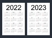 Simple editable vector calendars for year 2022, 2023. Week starts from Sunday. Vertical.