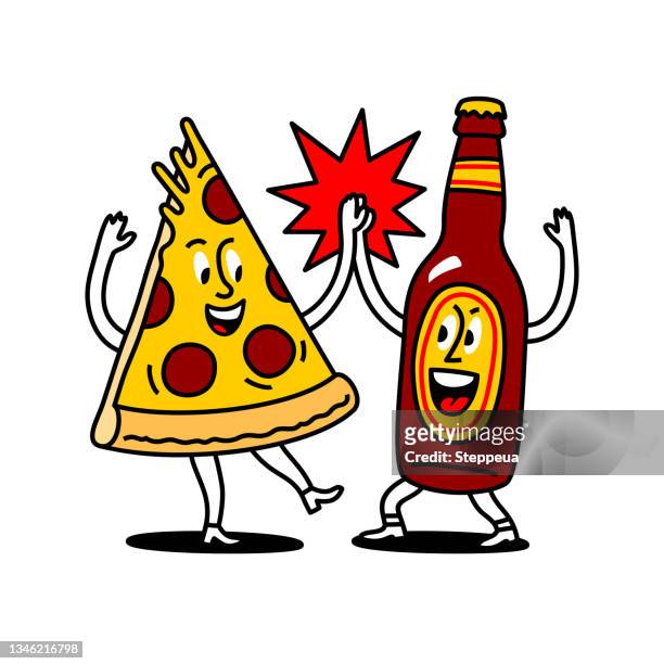 pizza and beer - friends dinner stock illustrations