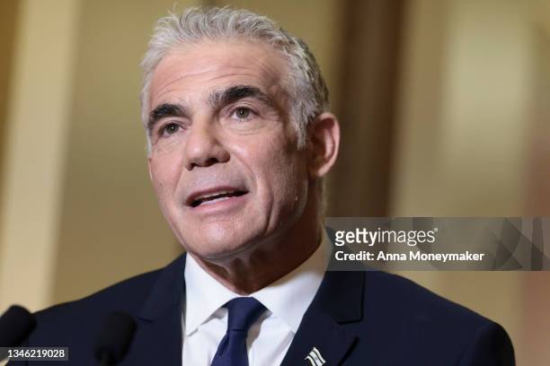 Israeli Foreign Minister Yair Lapid gives remarks after being welcomed by House Speaker Nancy Pelosi at the U.S. Capitol on October 12, 2021 in...