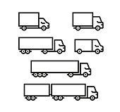 Delivery truck icons. Set of outline icons with different trucks. Vector illustration with editable strokes
