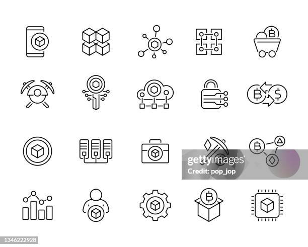 blockchain and cryptocurrency - line icons. editable stroke. vector stock illustration - construction platform stock illustrations