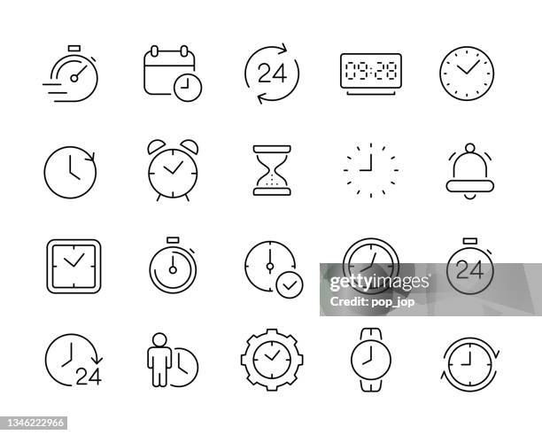 time and clock - line icons. editable stroke. vector stock illustration - hitting alarm clock stock illustrations