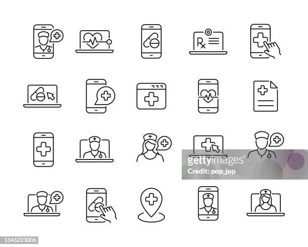 telemedizin und digital healthcare - line icons. bearbeitbarer kontur. vektor-stock-illustration - computer virus stock-grafiken, -clipart, -cartoons und -symbole