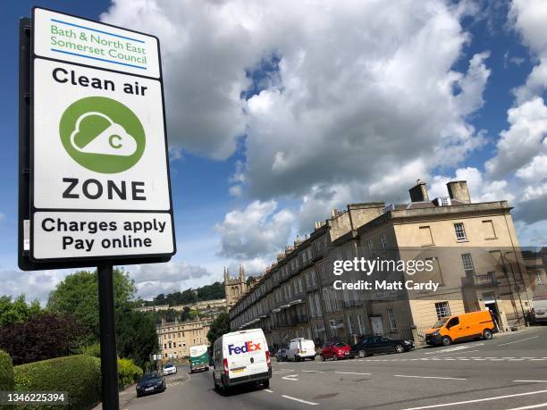 Clean Air Zone sign is seen beside Bathwick Hill, one of the main traffic arteries in the historic city of Bath on July 17, 2021 in Bath, England....