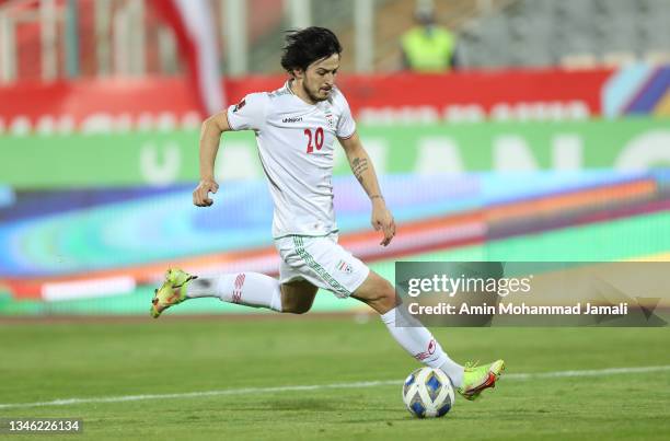 Sardar Azmoun of Iran in action during 2022 FIFA World Cup Qualifier match between Iran v South Korea at Azadi Stadium on October 12, 2021 in Tehran,...