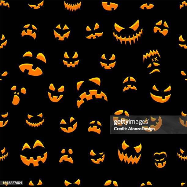 halloween faces seamless pattern. - scary pumpkin faces stock illustrations