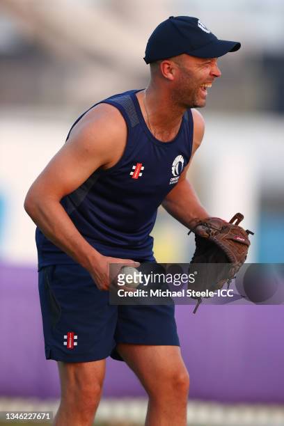 Jonathan Trott the batting coach of Scotland during the warm up ahead of the Netherlands and Scotland warm Up Match prior to the ICC Men's T20 World...