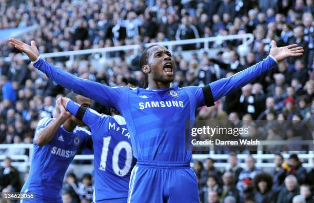 Didier Drogba of Chelsea celebrates scoring the opening goal during the Barclays Premier League match between Newcastle United and Chelsea at the...