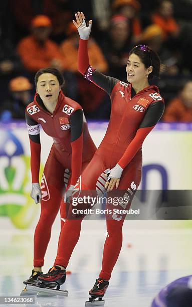 Jing Yu of China celebrates after winning the women's 500 m Division A race during the Essent ISU World Cup Speed Skating on December 3, 2011 in...