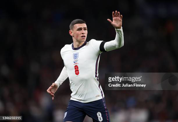 Phil Foden of England reacts during the 2022 FIFA World Cup Qualifier match between England and Hungary at Wembley Stadium on October 12, 2021 in...