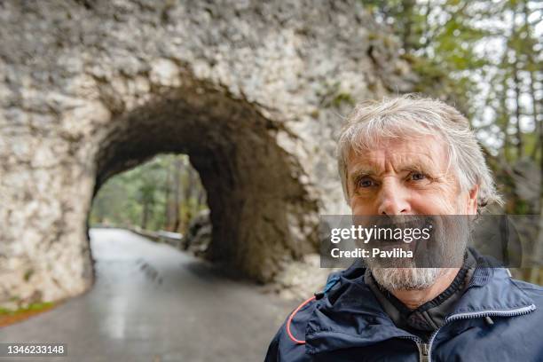 mature man portrait, walking and watching looking at the forest,, primorska, julian alps, slovenia, europe - 60 year old white man stock pictures, royalty-free photos & images