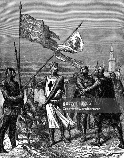 stockillustraties, clipart, cartoons en iconen met king richard i and the knights templar arrive on the shores of israel during the third crusade - 12th century - the crusades
