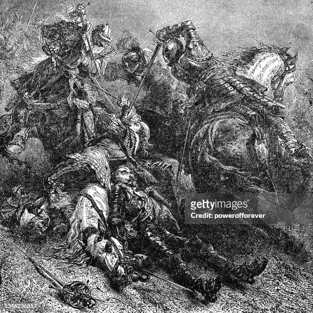 ilustrações, clipart, desenhos animados e ícones de morte do rei gustavo adolphus da suécia na batalha de lützen, xilogravura por alphonse de neuville - século xix - campo de batalha
